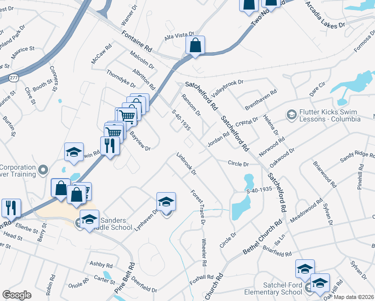 map of restaurants, bars, coffee shops, grocery stores, and more near 5422 Magnolia Park Circle in Columbia