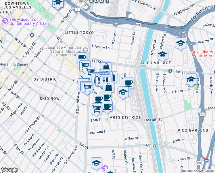 map of restaurants, bars, coffee shops, grocery stores, and more near 826 East 3rd Street in Los Angeles