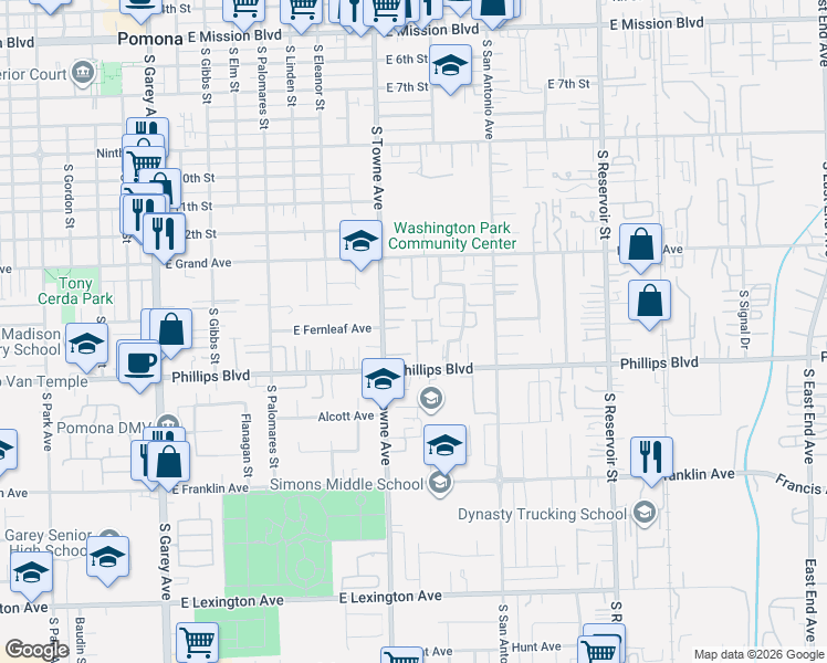 map of restaurants, bars, coffee shops, grocery stores, and more near 1433 Madrid Drive in Pomona