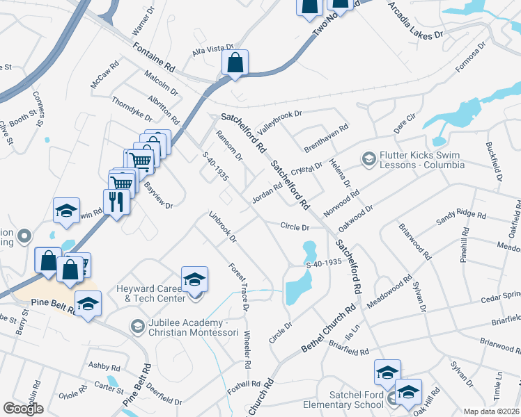 map of restaurants, bars, coffee shops, grocery stores, and more near 5319 Pinestraw Road in Columbia