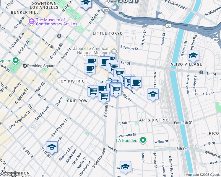 map of restaurants, bars, coffee shops, grocery stores, and more near 300 South Central Avenue in Los Angeles