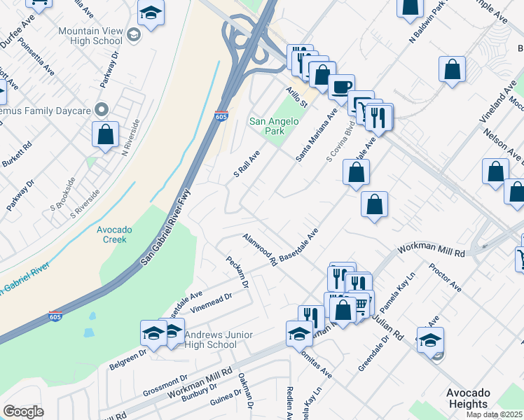 map of restaurants, bars, coffee shops, grocery stores, and more near 442 Santa Mariana Avenue in La Puente