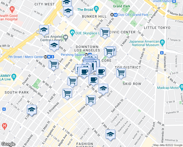 map of restaurants, bars, coffee shops, grocery stores, and more near 634 South Spring Street in Los Angeles