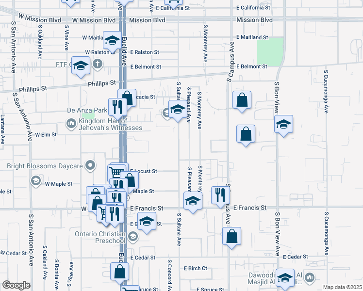 map of restaurants, bars, coffee shops, grocery stores, and more near 1533 South Sultana Avenue in Ontario