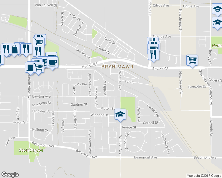 map of restaurants, bars, coffee shops, grocery stores, and more near 26244 Cambria Lane in Loma Linda