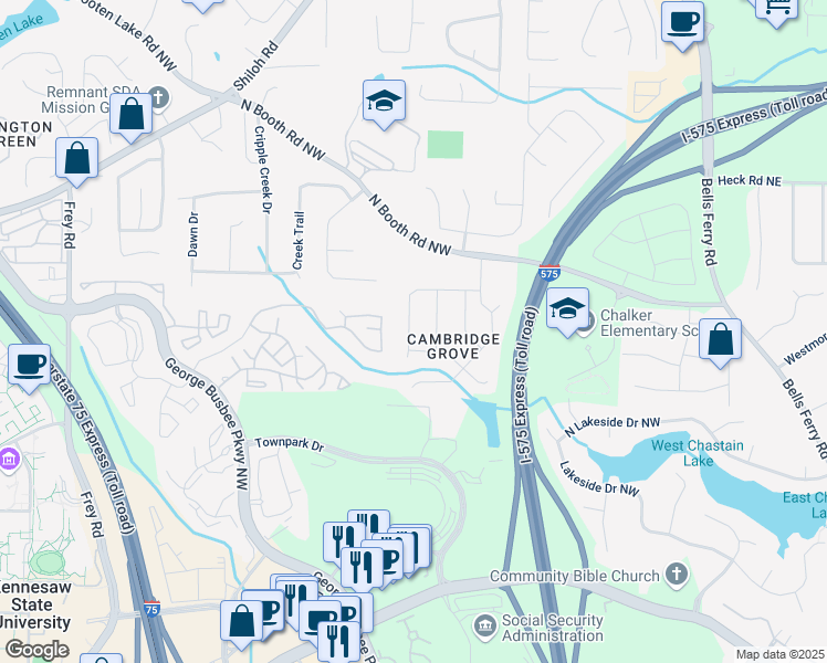 map of restaurants, bars, coffee shops, grocery stores, and more near 384 Ethridge Drive Northwest in Kennesaw