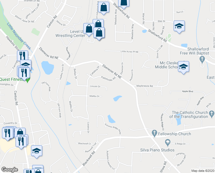 map of restaurants, bars, coffee shops, grocery stores, and more near 1185 Lincoln Drive in Marietta