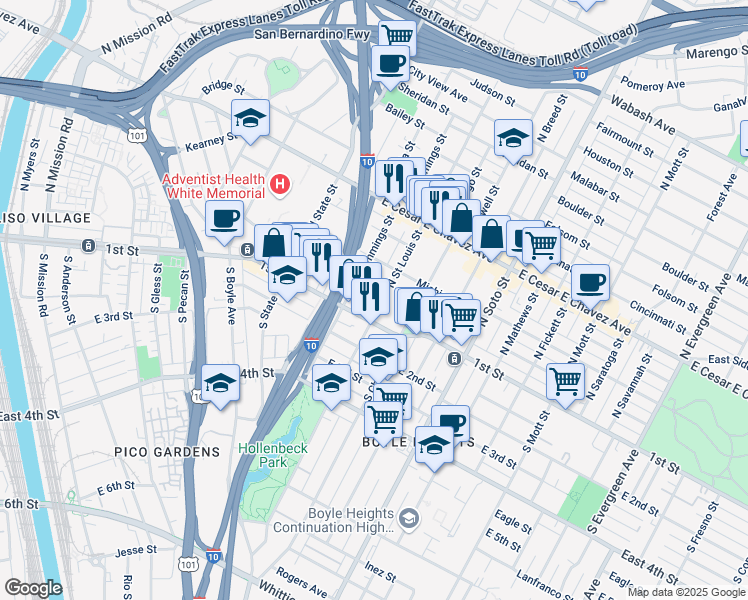 map of restaurants, bars, coffee shops, grocery stores, and more near 117 North Saint Louis Street in Los Angeles