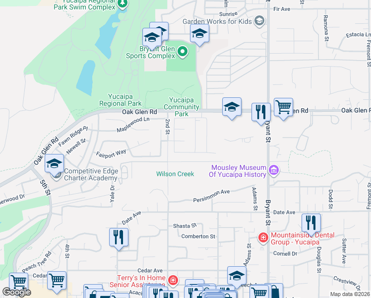 map of restaurants, bars, coffee shops, grocery stores, and more near 34942 South Serrano Square in Yucaipa