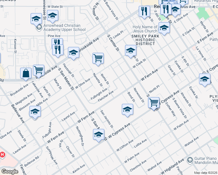 map of restaurants, bars, coffee shops, grocery stores, and more near 1239 Fulbright Avenue in Redlands