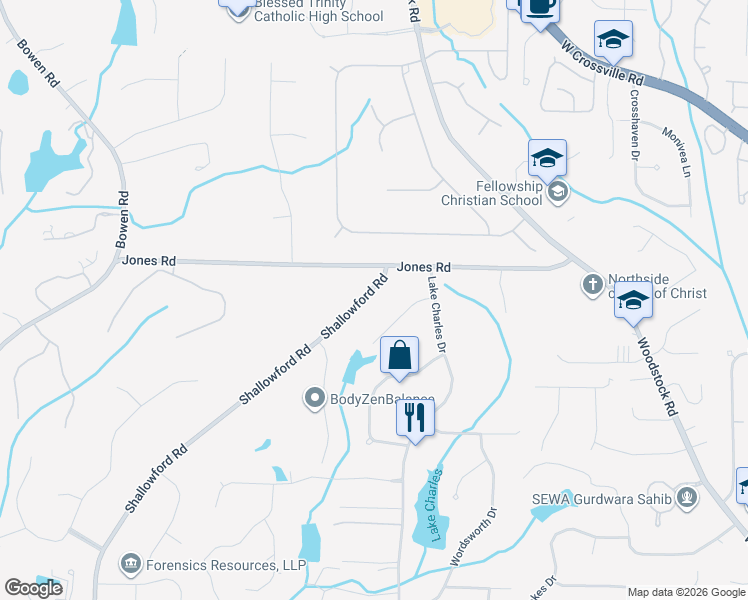 map of restaurants, bars, coffee shops, grocery stores, and more near 10895 Shallowford Road in Roswell