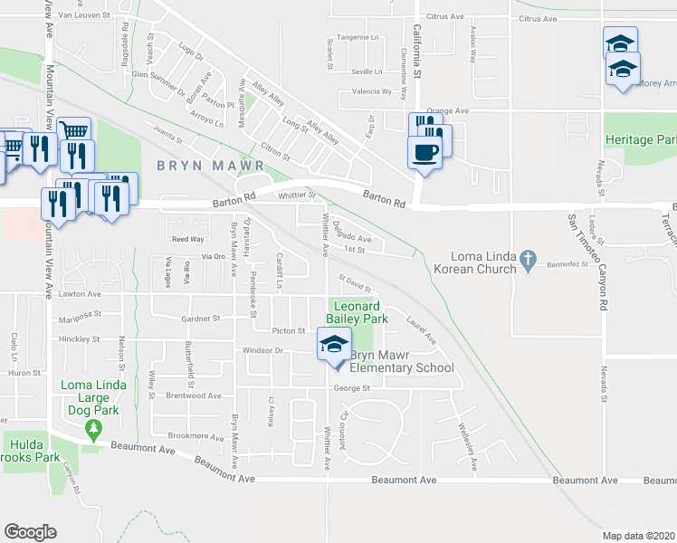 map of restaurants, bars, coffee shops, grocery stores, and more near 26332 Saint David Street in Loma Linda
