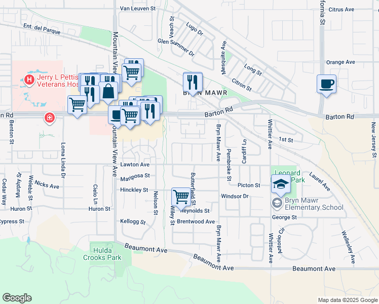 map of restaurants, bars, coffee shops, grocery stores, and more near 11446 Via-Rio in Loma Linda