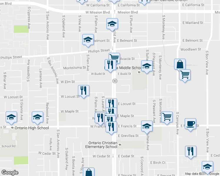map of restaurants, bars, coffee shops, grocery stores, and more near 1526 South Euclid Avenue in Ontario