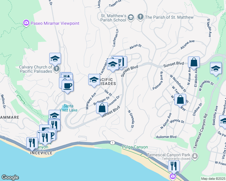 map of restaurants, bars, coffee shops, grocery stores, and more near 16767 Bollinger Drive in Los Angeles