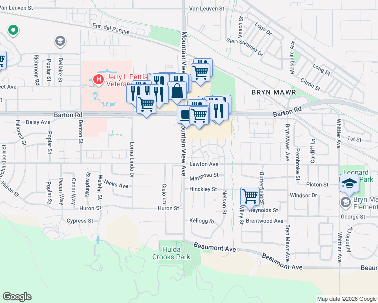 map of restaurants, bars, coffee shops, grocery stores, and more near 25704 Sunrise Way in Loma Linda