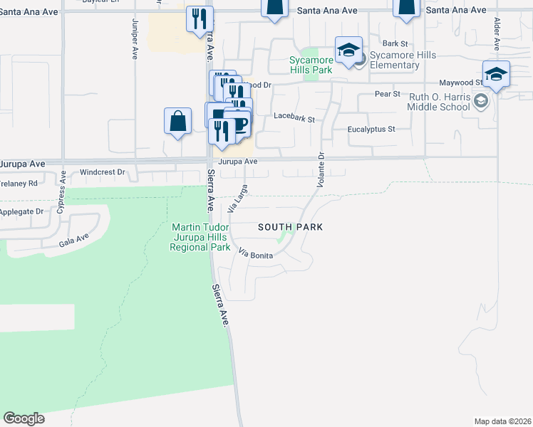 map of restaurants, bars, coffee shops, grocery stores, and more near 17074 La Vesu Road in Fontana