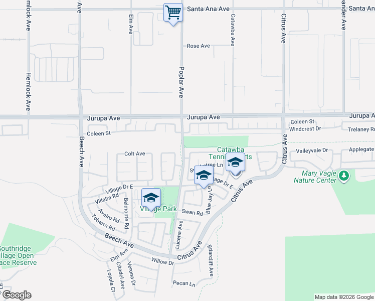 map of restaurants, bars, coffee shops, grocery stores, and more near 11418 Leatherleaf Road in Fontana
