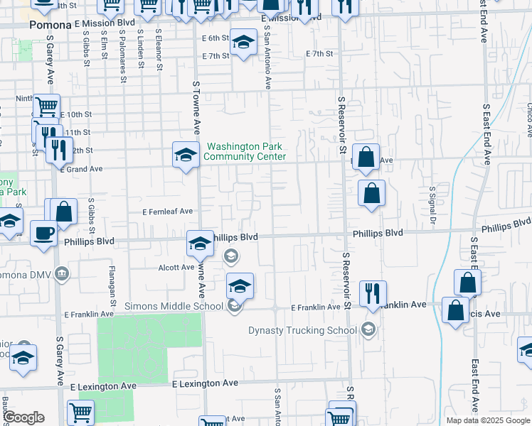 map of restaurants, bars, coffee shops, grocery stores, and more near 1470 South San Antonio Avenue in Pomona
