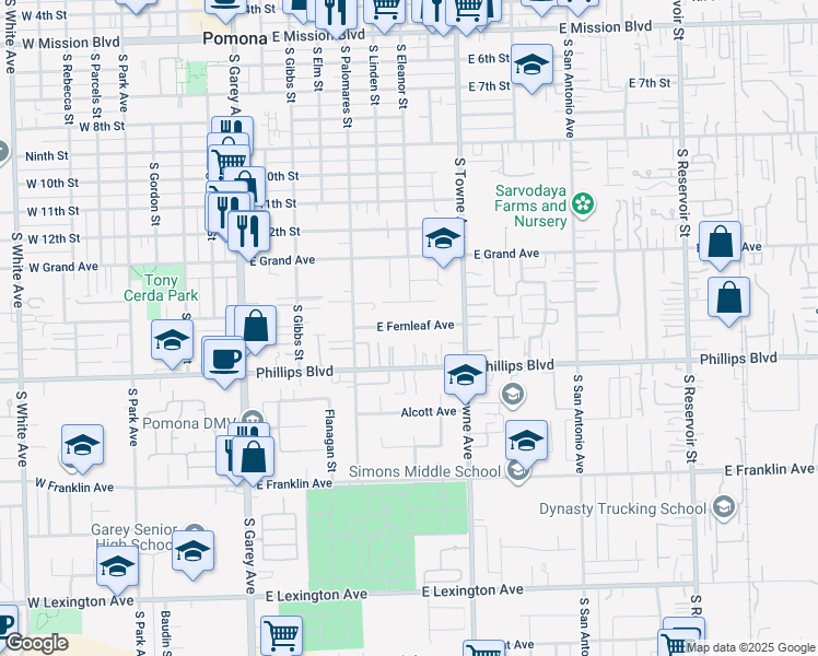 map of restaurants, bars, coffee shops, grocery stores, and more near 732 East Fernleaf Avenue in Pomona