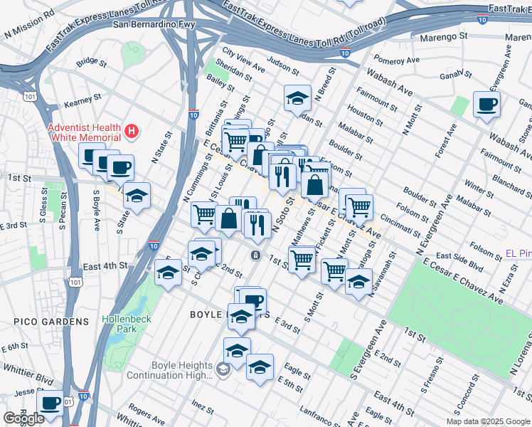 map of restaurants, bars, coffee shops, grocery stores, and more near 215 North Soto Street in Los Angeles