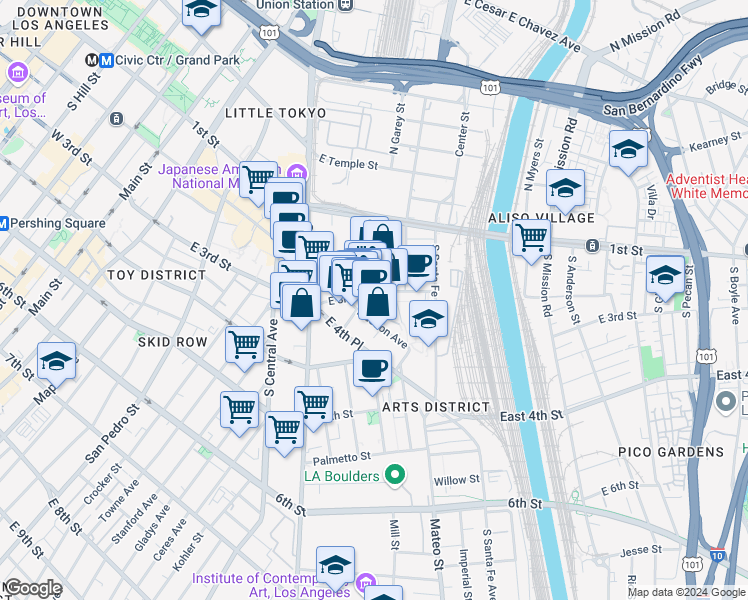 map of restaurants, bars, coffee shops, grocery stores, and more near in Los Angeles