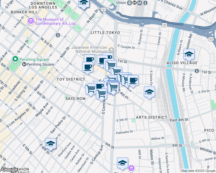 map of restaurants, bars, coffee shops, grocery stores, and more near 333 Alameda Street in Los Angeles