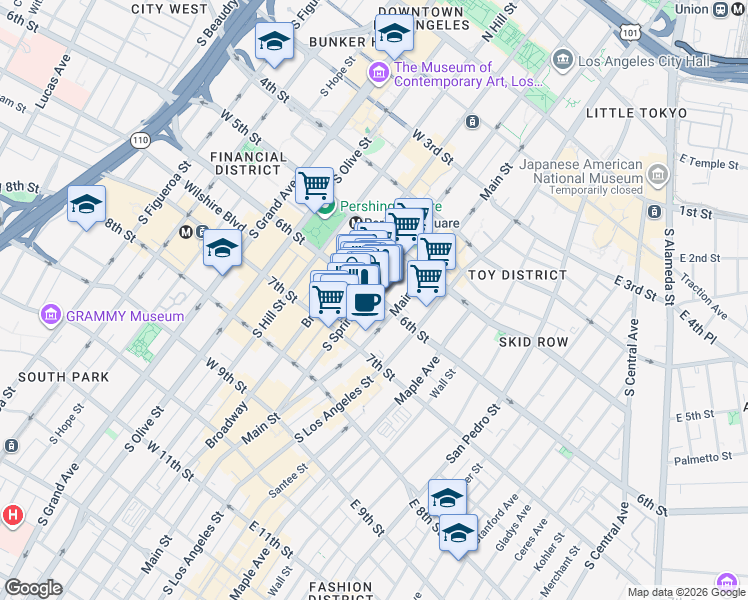 map of restaurants, bars, coffee shops, grocery stores, and more near 634 South Spring Street in Los Angeles