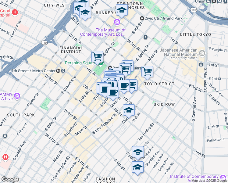 map of restaurants, bars, coffee shops, grocery stores, and more near 634 South Spring Street in Los Angeles