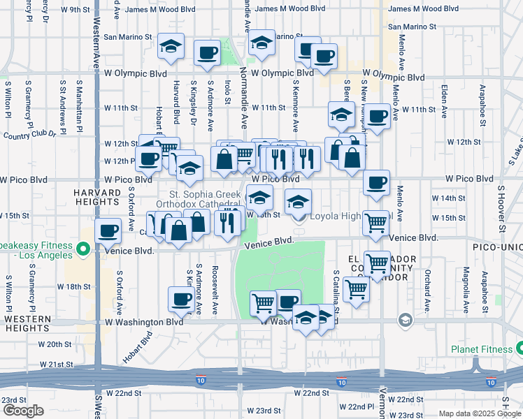map of restaurants, bars, coffee shops, grocery stores, and more near 1425 South Mariposa Avenue in Los Angeles