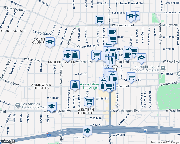 map of restaurants, bars, coffee shops, grocery stores, and more near 1414 South Gramercy Place in Los Angeles
