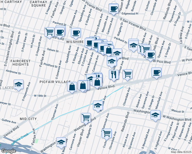 map of restaurants, bars, coffee shops, grocery stores, and more near 1570 Carmona Avenue in Los Angeles