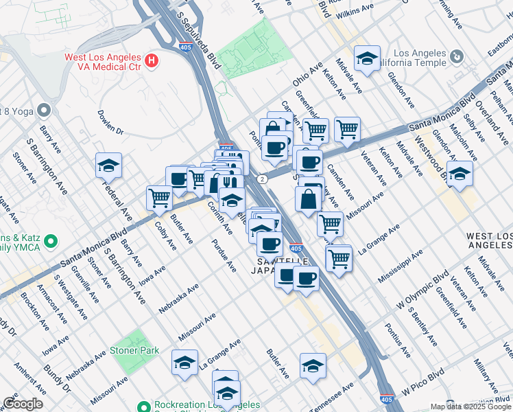 map of restaurants, bars, coffee shops, grocery stores, and more near 1733 Beloit Avenue in Los Angeles