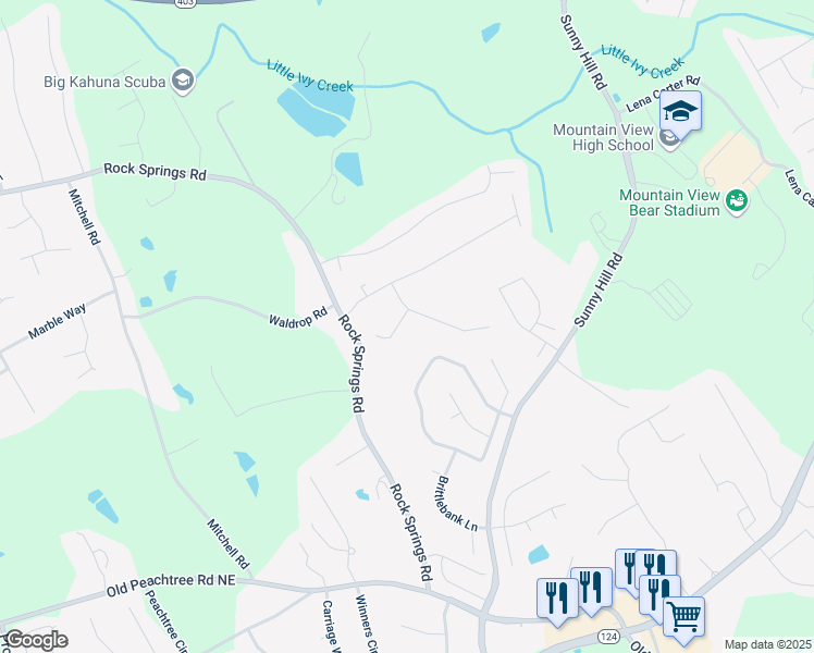 map of restaurants, bars, coffee shops, grocery stores, and more near 1877 Rocky Water Court in Buford