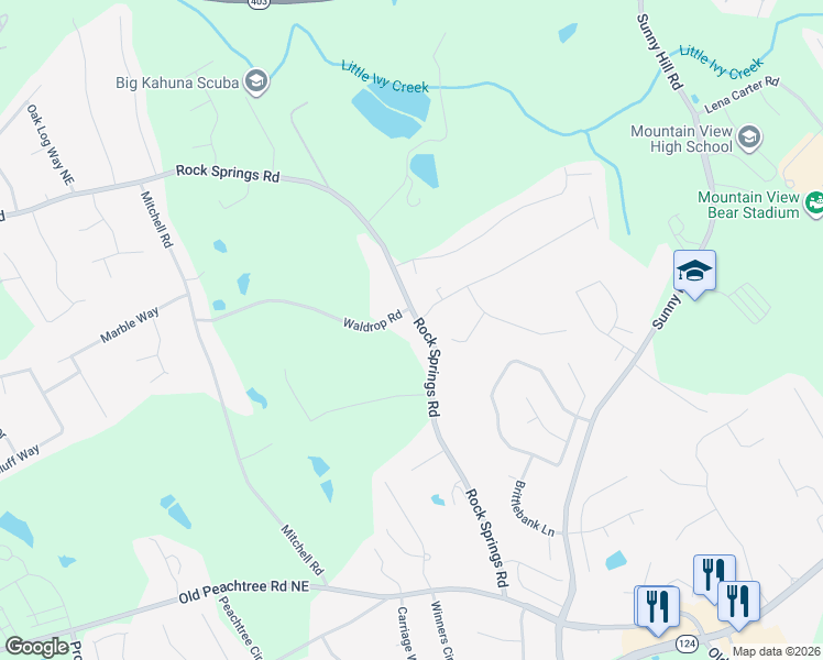 map of restaurants, bars, coffee shops, grocery stores, and more near 2320 Rock Springs Road in Buford