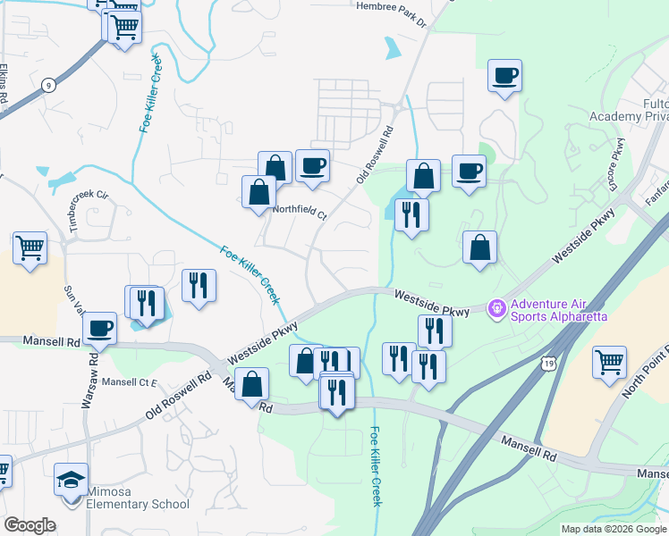 map of restaurants, bars, coffee shops, grocery stores, and more near 1320 North Hampton Road in Alpharetta
