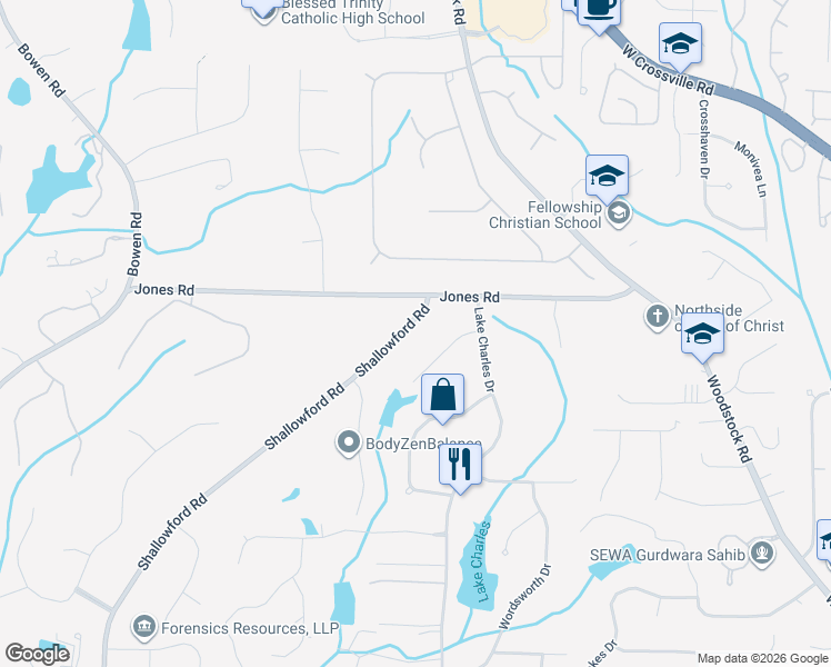 map of restaurants, bars, coffee shops, grocery stores, and more near 10895 Shallowford Road in Roswell