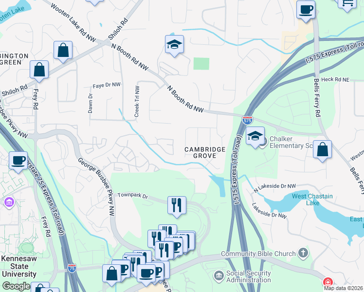 map of restaurants, bars, coffee shops, grocery stores, and more near 387 Ethridge Drive Northwest in Kennesaw