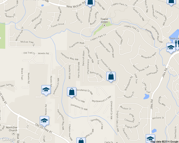 map of restaurants, bars, coffee shops, grocery stores, and more near 2998 Bancroft Glen in Kennesaw