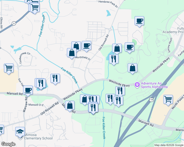 map of restaurants, bars, coffee shops, grocery stores, and more near 1320 North Hampton Road in Alpharetta