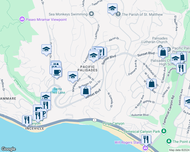 map of restaurants, bars, coffee shops, grocery stores, and more near 16767 Bollinger Drive in Los Angeles