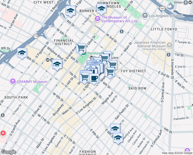 map of restaurants, bars, coffee shops, grocery stores, and more near 634 South Spring Street in Los Angeles
