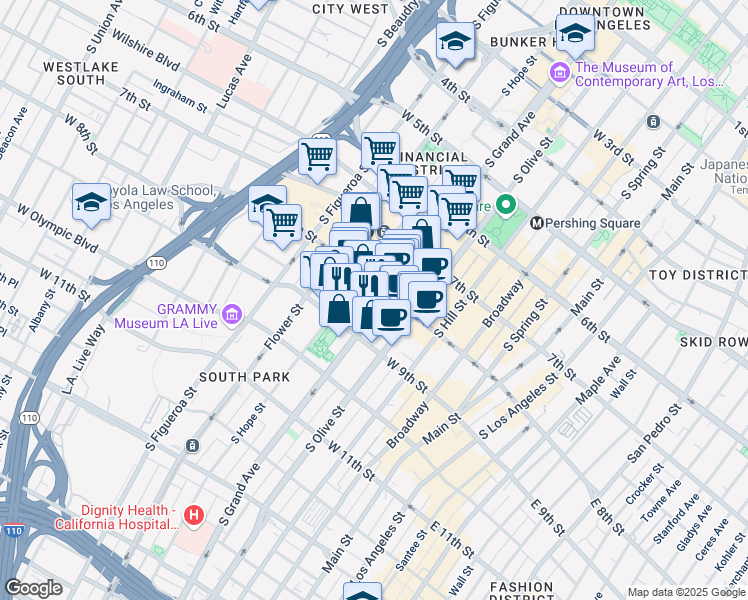 map of restaurants, bars, coffee shops, grocery stores, and more near 801 South Grand Avenue in Los Angeles