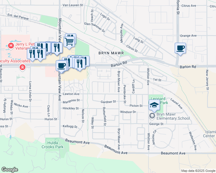 map of restaurants, bars, coffee shops, grocery stores, and more near 11459 Via-Rio in Loma Linda