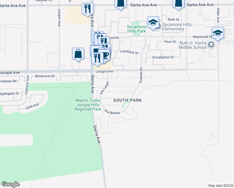 map of restaurants, bars, coffee shops, grocery stores, and more near 17074 La Vesu Road in Fontana