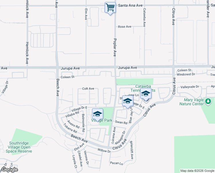 map of restaurants, bars, coffee shops, grocery stores, and more near 11424 Aberdeen Drive in Fontana