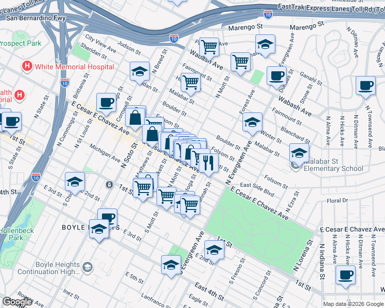 map of restaurants, bars, coffee shops, grocery stores, and more near 2718 Cincinnati Street in Los Angeles
