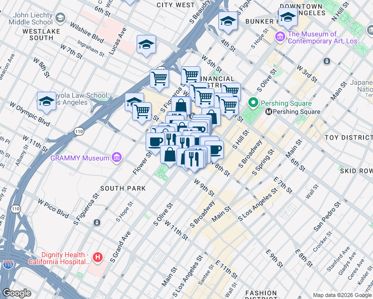 map of restaurants, bars, coffee shops, grocery stores, and more near in Los Angeles