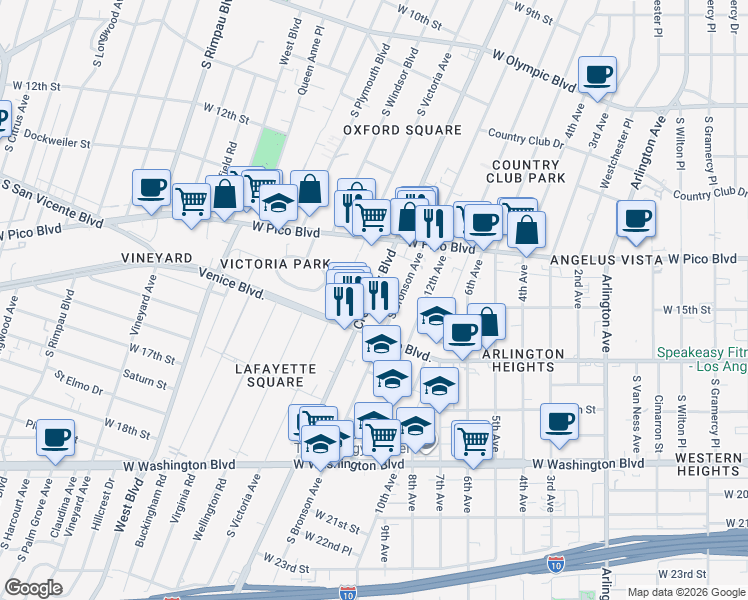 map of restaurants, bars, coffee shops, grocery stores, and more near 1506 Crenshaw Boulevard in Los Angeles