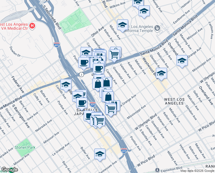 map of restaurants, bars, coffee shops, grocery stores, and more near 1839 South Bentley Avenue in Los Angeles